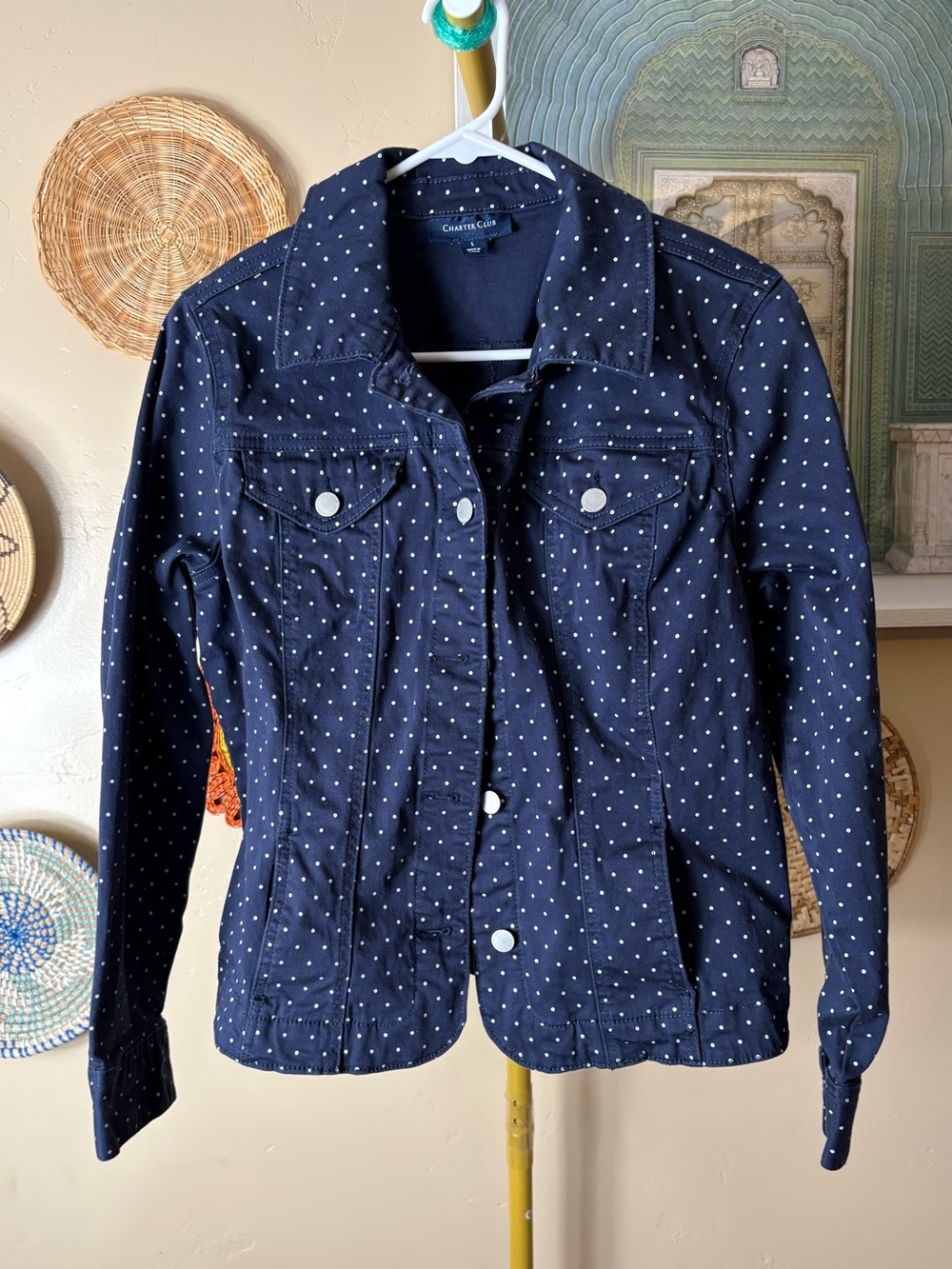 Charter Club Navy Blue Polka Dot Denim Jacket
